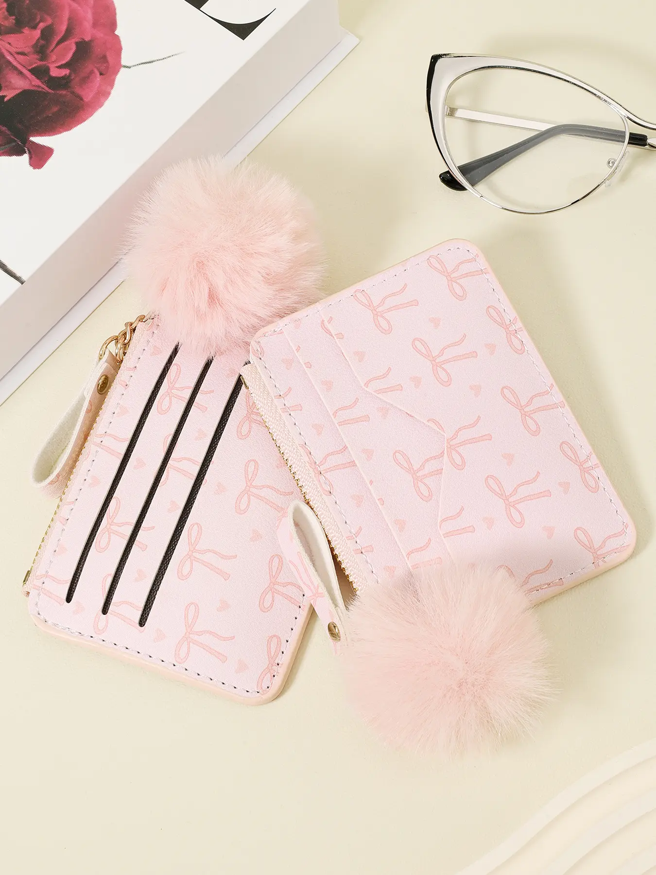 Adorned with a Pom-pom, Multi functional bow printed zipper card bag, multi slot cash and credit card storage bag, school dormitory and back to school supplies bag, Casual Wallet, Wallet Cute, Bow Decorated Wallets, Zipper Card Holder