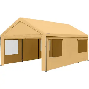 Carport Canopy 12x20 FT Heavy Duty Boat Car Canopy Garage with Removable Sidewalls and Roll-up Ventilated Windows, Tent Stakes x 12, Windproof Ropes x 4, Sandbags x 4 (Beige)