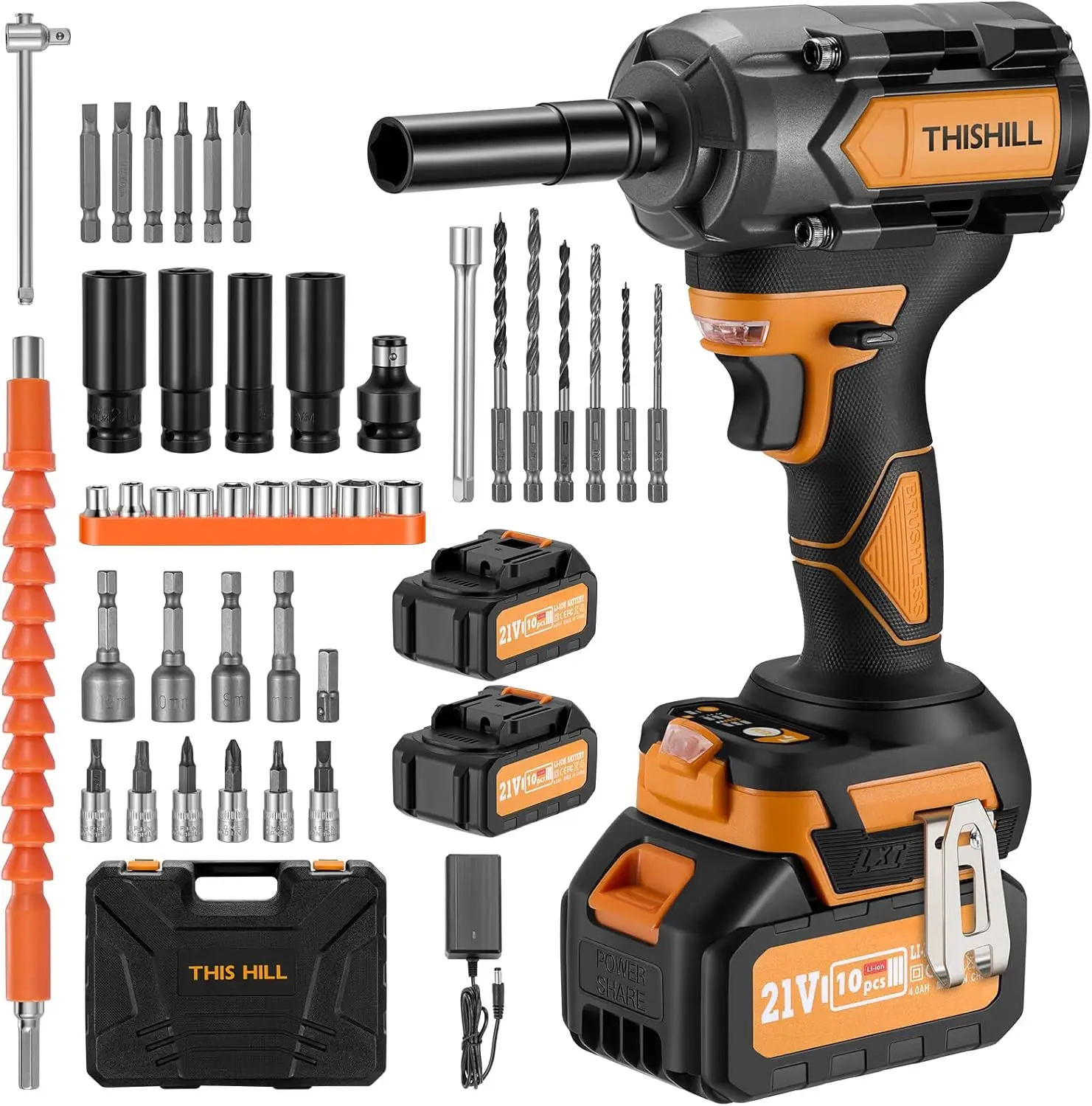 This Hill 45PCS Cordless Impact Wrench,900Nm(665Ft-lbs), 1/2 Inch Brushless lmpact Driver Set, w/Two 4.0Ah Battery, 17 Sockets, High Torque Power Impa