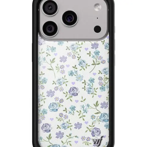 Wildflower Cases Limited Edition Lilac & Blue Floral Shockproof Smartphone Case for iPhone - Raised Black Bumper, Camera Protection, White Background with Green Leaves, Cute Casing, Women-Owned Small Business Accessory, Custom Gift for Her