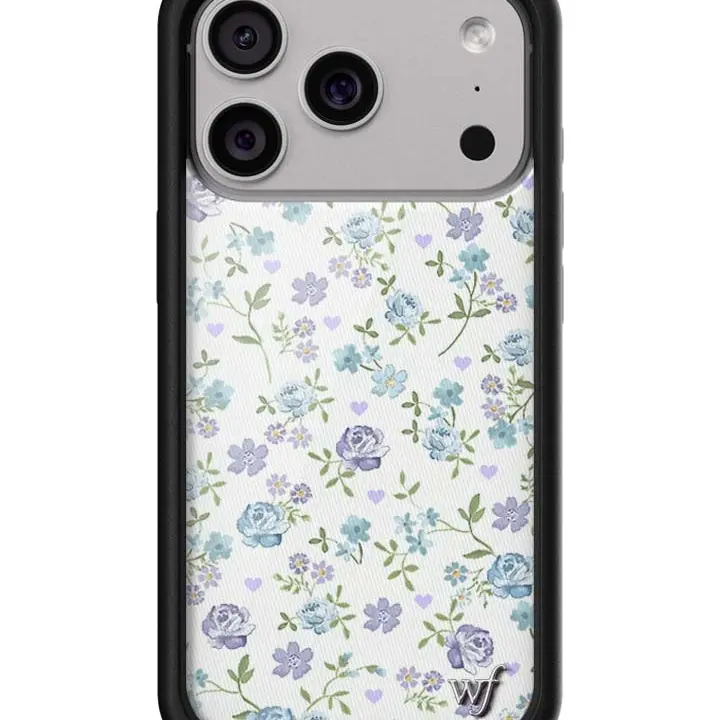 Wildflower Cases Limited Edition Lilac & Blue Floral Shockproof Smartphone Case for iPhone - Raised Black Bumper, Camera Protection, White Background with Green Leaves, Cute Casing, Women-Owned Small Business Accessory, Custom Gift for Her
