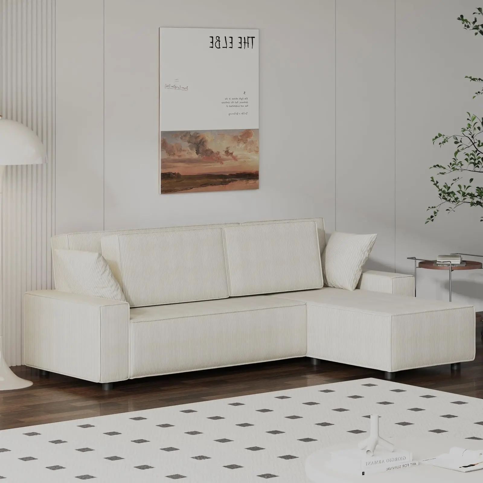 96" Modular Cloud Couch Sectional, Modern l-Shaped Corduroy Strip Sofa with Movable Ottoman, Sectional Couches