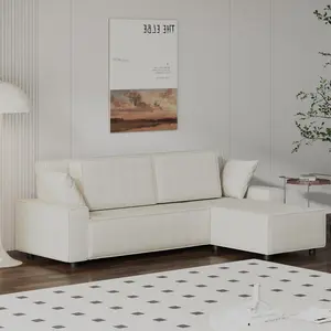 96" Modular Cloud Couch Sectional, Modern l-Shaped Corduroy Strip Sofa with Movable Ottoman, Sectional Couches