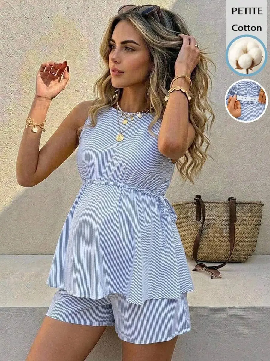 AVENO 2pcs Maternity Striped Ruched Camisole Top And Adjustable Waist Shorts Set, Casual Daily Wear