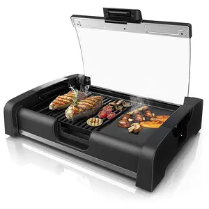 1200W Electric Smokeless Indoor Griddle, Nonstick Cooking Plate BBQ Grill, 2-in-1 with Lid Grill, 5 Level Adjustable Temperature, Detachable & Dishwasher Safe, Cool-touch Handles