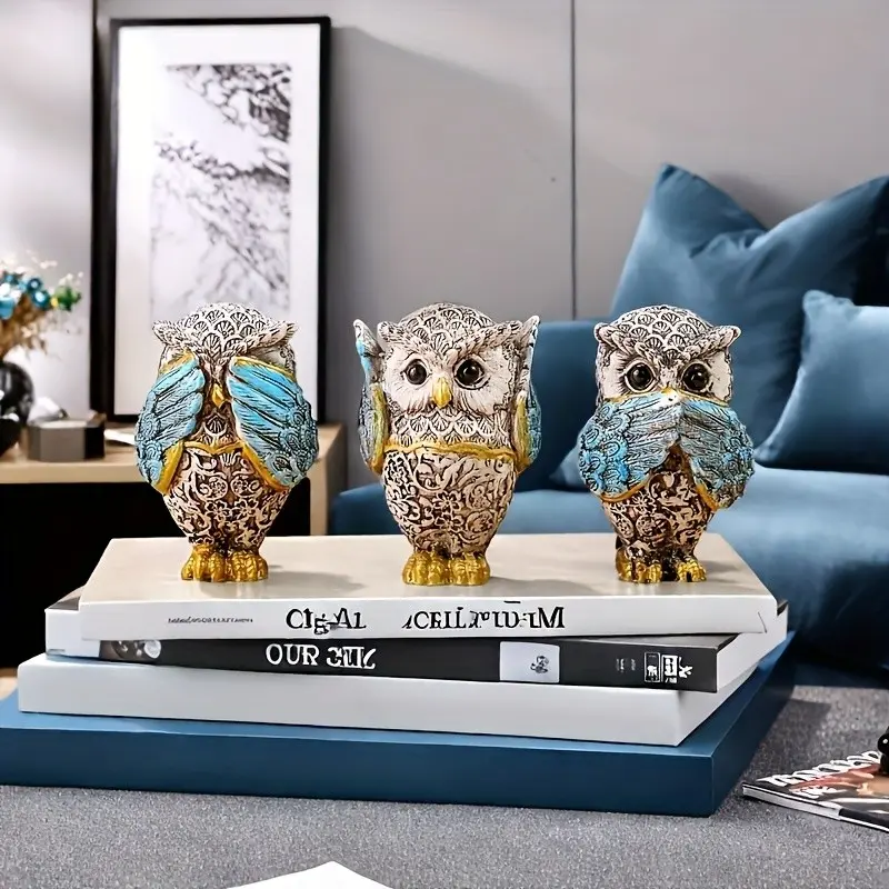 Resin Owl Statue Set of 3, Decorative Craft for Various Room Types, Indoor Use, No Power Required, Perfect for Home Decoration, Living Room Decor, Resin Sculptures