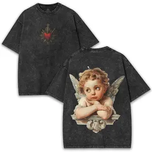 Washed Angelcore Vintage Tee – Oversized Shirt with Cherub & Sacred Heart Design | Soft Looks, Deep Grace ️ Cotton Menswear Streetwear Top Basic Dress