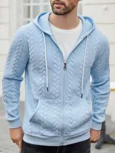 Men's Knitted Hooded Sweatshirt with Zipper, Casual Loose-Fitting Pullover, Plain Pattern, Spring & Fall Outerwear, Textured Hoodie