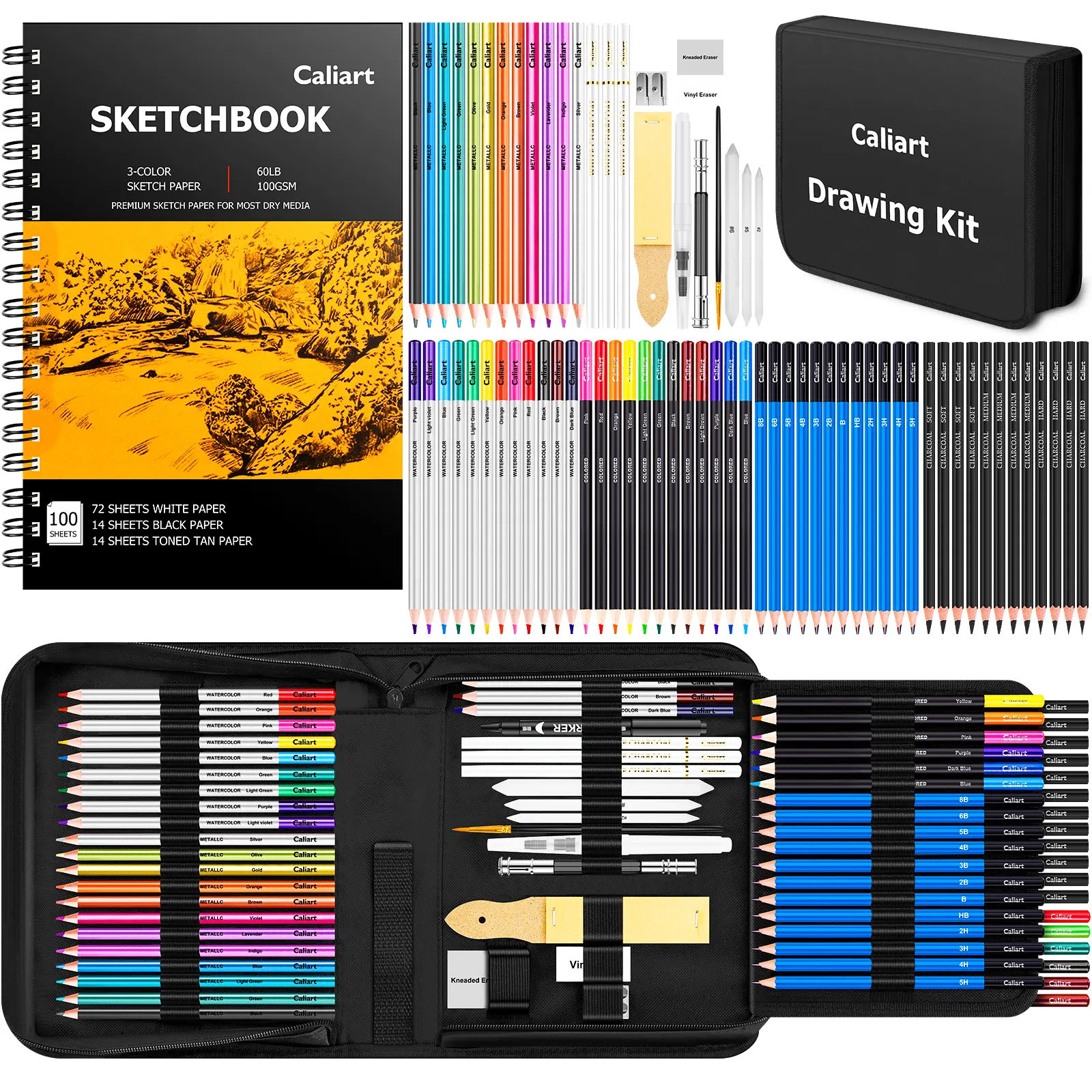 Caliart Official 176 PCS Art Supplies Drawing & Sketching Kit with 100-Sheet 3-Color Sketchbook, Graphite, Colored, Charcoal, Watercolor & Metallic Pencils, Erasers, Complete Pencil Art Set, Back to School Gift for Adults, Teens & Kids
