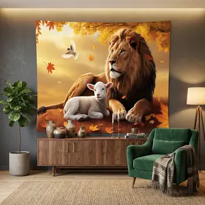 1pc Lightweight Polyester Tapestry Lion and Lamb Under Autumn Tree, Durable Wall Hanging for Ceiling, Bedroom, Living Room, Wall Art, Backdrop.