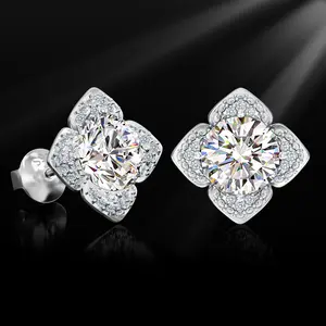HELLOICE Moissanite Earrings Lucky Stud Earrings Clover Four Leaves Earrings D Color VVS1 Synthetic Moissanite Statement Earrings Lucky Gifts for Women and Men