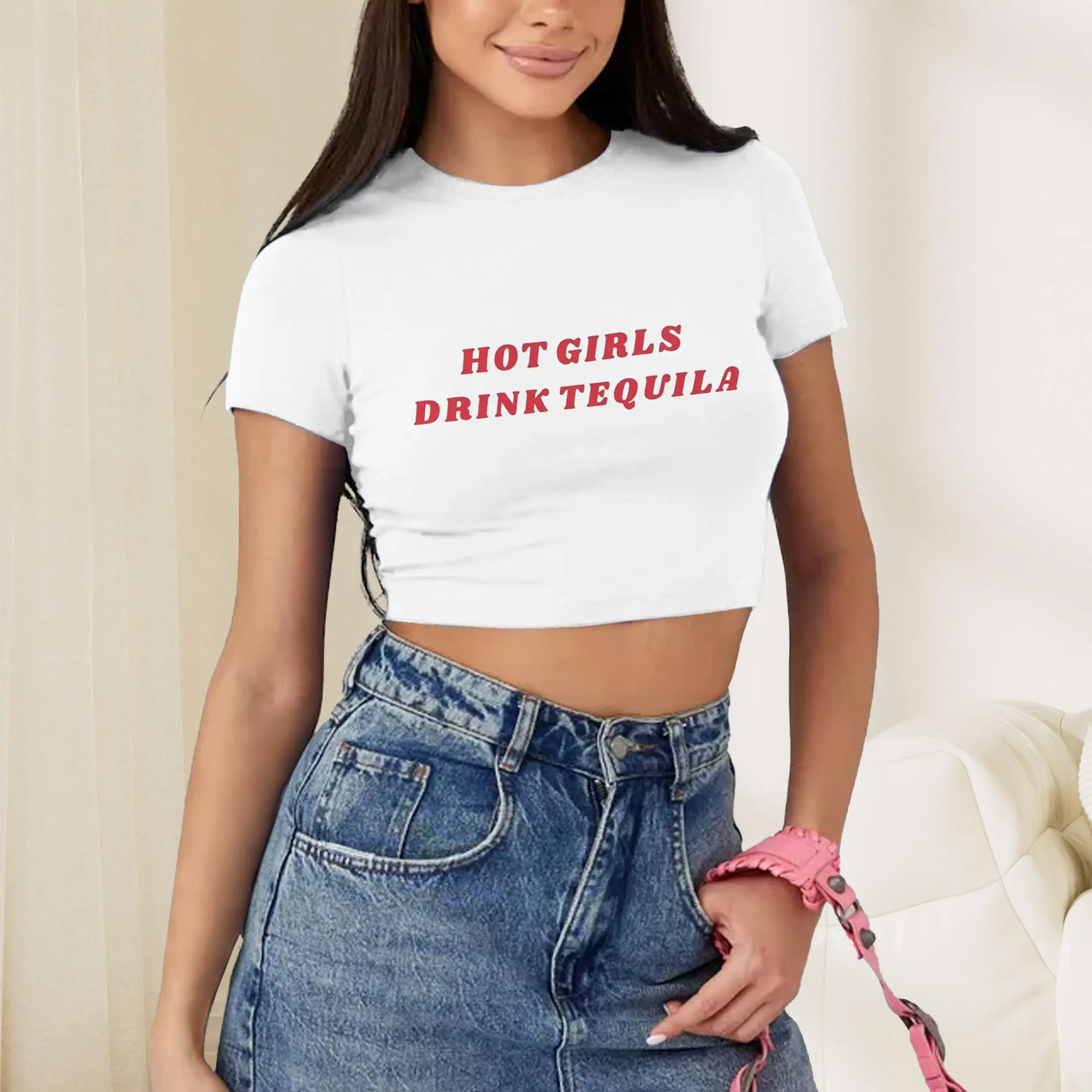 Women's Y2K White Crop Top - Bold Tequila Hot Drink Print, Short Sleeve, Round Neck, Stretchy Blend, Ideal for Spring Summer Fashion, Pair with Leggings, Skinny Skirts, Tank Tops, Loungewear