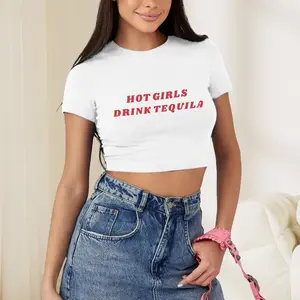 Women's Y2K White Crop Top - Bold Tequila Hot Drink Print, Short Sleeve, Round Neck, Stretchy Blend, Ideal for Spring Summer Fashion, Pair with Leggings, Skinny Skirts, Tank Tops, Loungewear