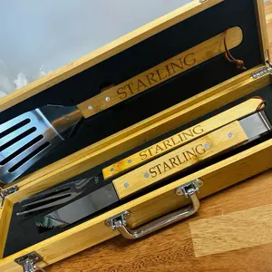 Starling Personalized BBQ Set in Wooden Case - Includes Spatula and Tongs with Engraved Name - Perfect for Personalization