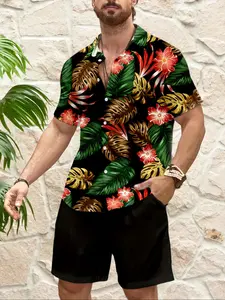 Men's Tropical Print Button Shirt, Casual Breathable Polyester Fabric, Perfect Summer Choice, Fitted Style