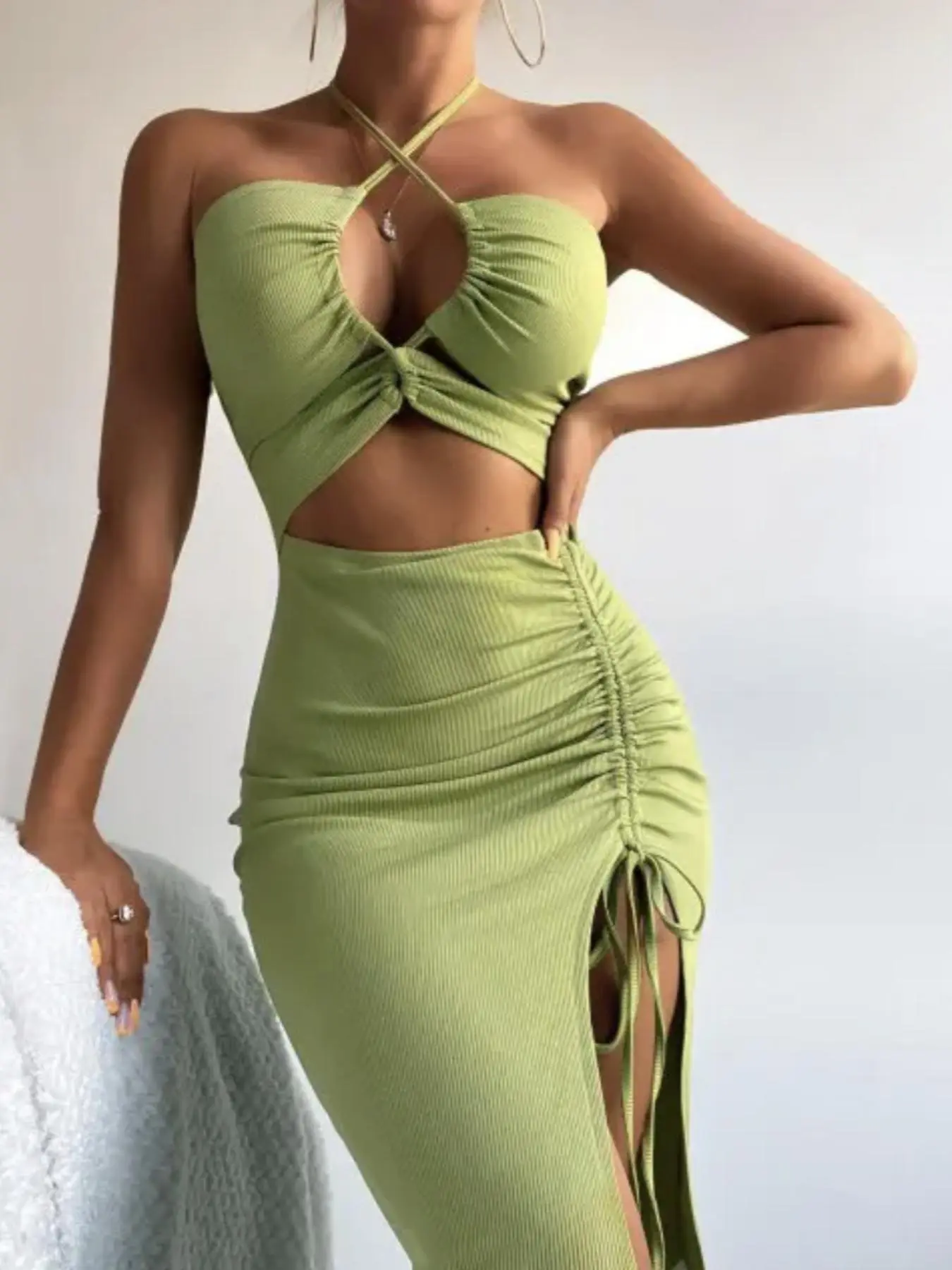 Women's Plain Criss Cross Backless Split Thigh Drawstring Adjustable Bodycon Dress, Solid Sleeveless Cut Out Tie Women's Plain Criss Cross Backless Split Thigh Drawstring Adjustable Bodycon Dress, Solid Sleeveless Cut Out Tie