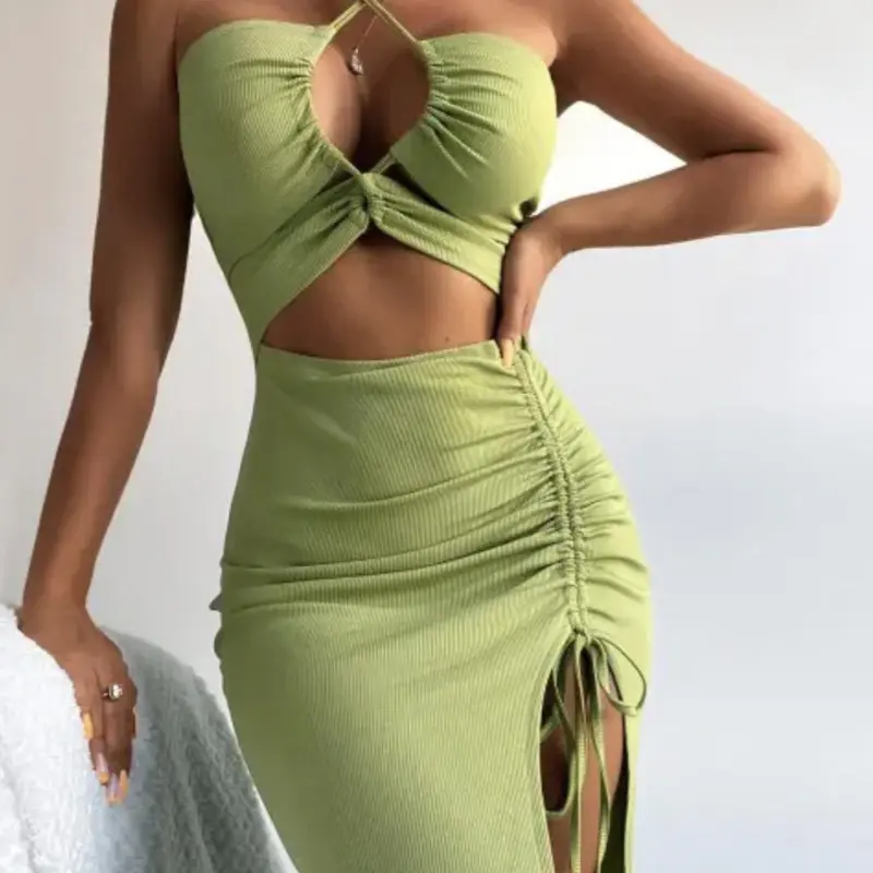 Women's Plain Ribbed Criss Cross Split Thigh Drawstring Ruched Bodycon Adjustable Dress, Solid Sleeveless Cut Out Tie Back Halter Neck Midi Dress for Party Club Dating Wear, Ladies Summer Clothes Bodycon Chic Fit