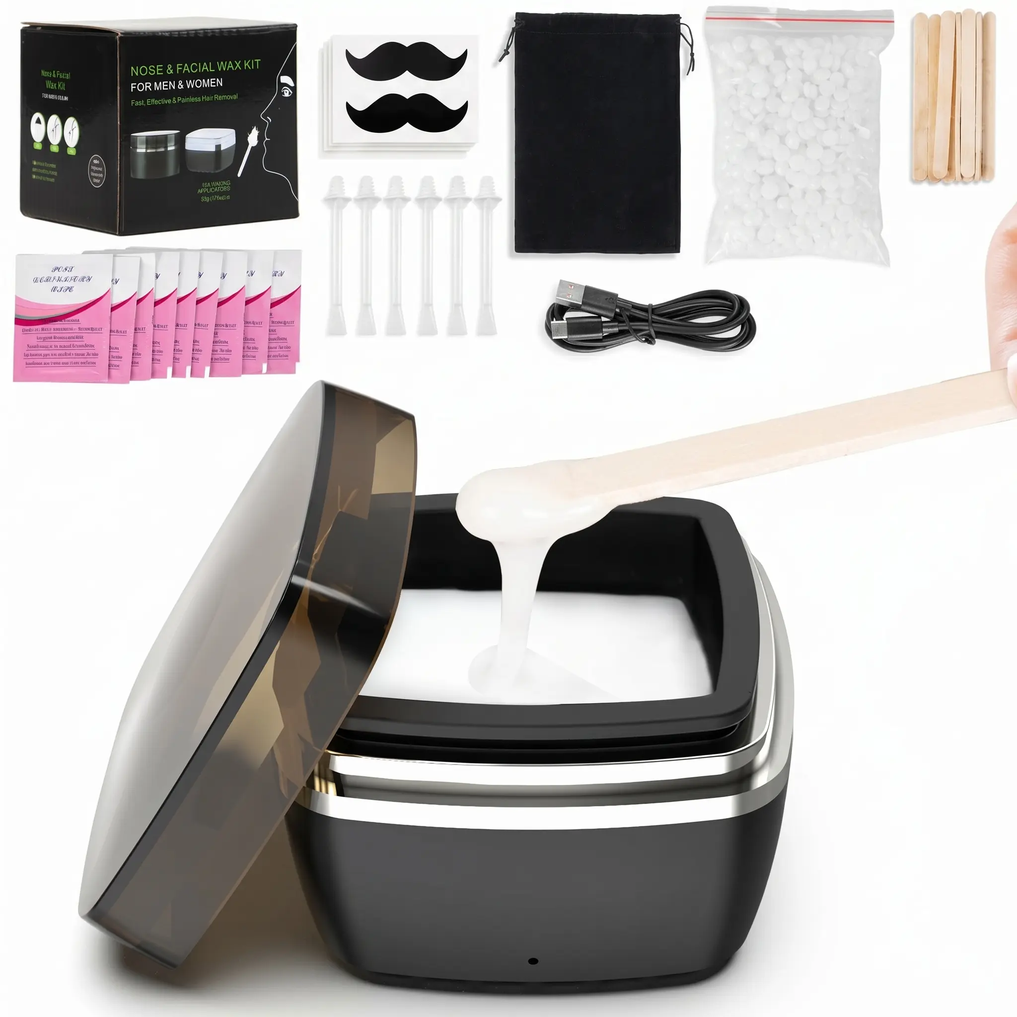 EasyinBeauty Hard Wax Kit for Women & Men, Mini Waxing Kit with Wax Beans and Silicone Pot, Easy Hair Removal for Face, Body, Bikini Line & Underarms