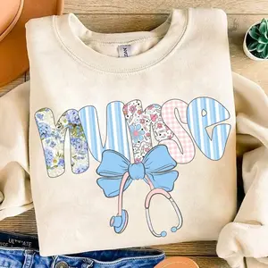 Gildan Preppy Nurse Floral Coquette Sweatshirt, Cute Stethoscope Bow Crewneck, Blue Floral Nurse Sweater, Everyday Nurse Gift, Healthcare Gift for Her