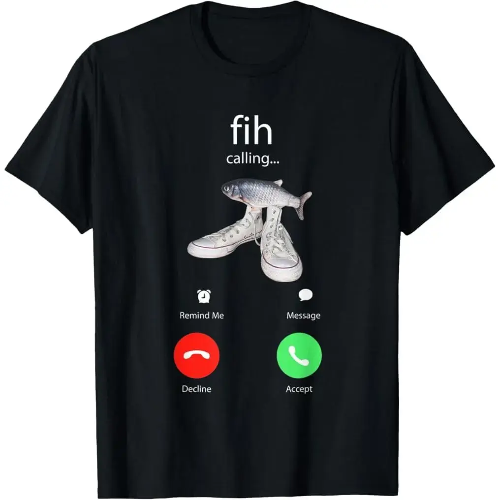 Men's 100% Premium Cotton Round Neck Short-Sleeve Print T-Shirt, Funny Fish-with-Shoes Calling Meme Design, Menswear Tops, Shortsleeve