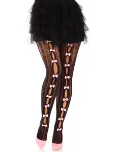 Leg Avenue Womens Sweetheart Striped Net Tights With Keyhole and Mini Bow Detail