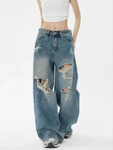 Women's Trendy Jeans, High Street Ripped Vintage Style, Loose Wide Leg Straight Pants, Casual Plain Design, All Seasons Wear