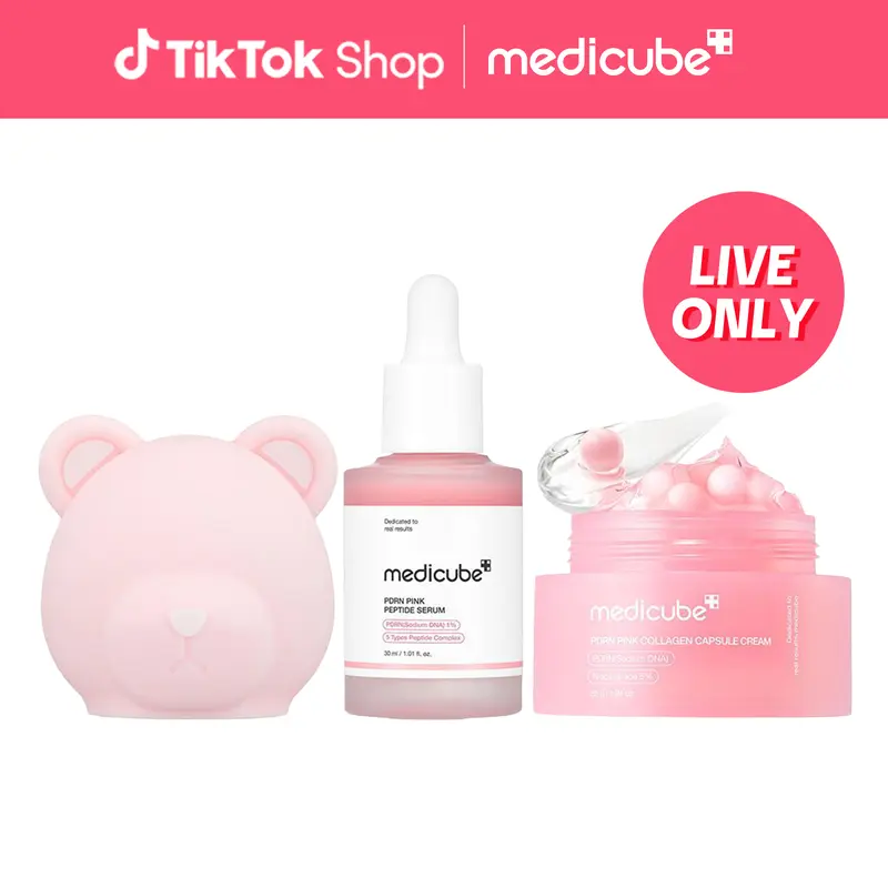[LIVE Exclusive] [medicube] Booster Pro Bear Cap Skincare SETㅣK-beauty Viral Glass Glow Device Bear Head Cap, Salmon DNA PDRN Pink Peptide Serum, PDRN Capsule Cream