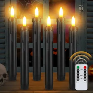 Black Halloween Flameless Candles with Timer - Wax Drip LED Flickering Taper Candlesticks Battery Operated, Smokeless Unscented for Fireplace Table School Bar Halloween Decor, 6 Pack