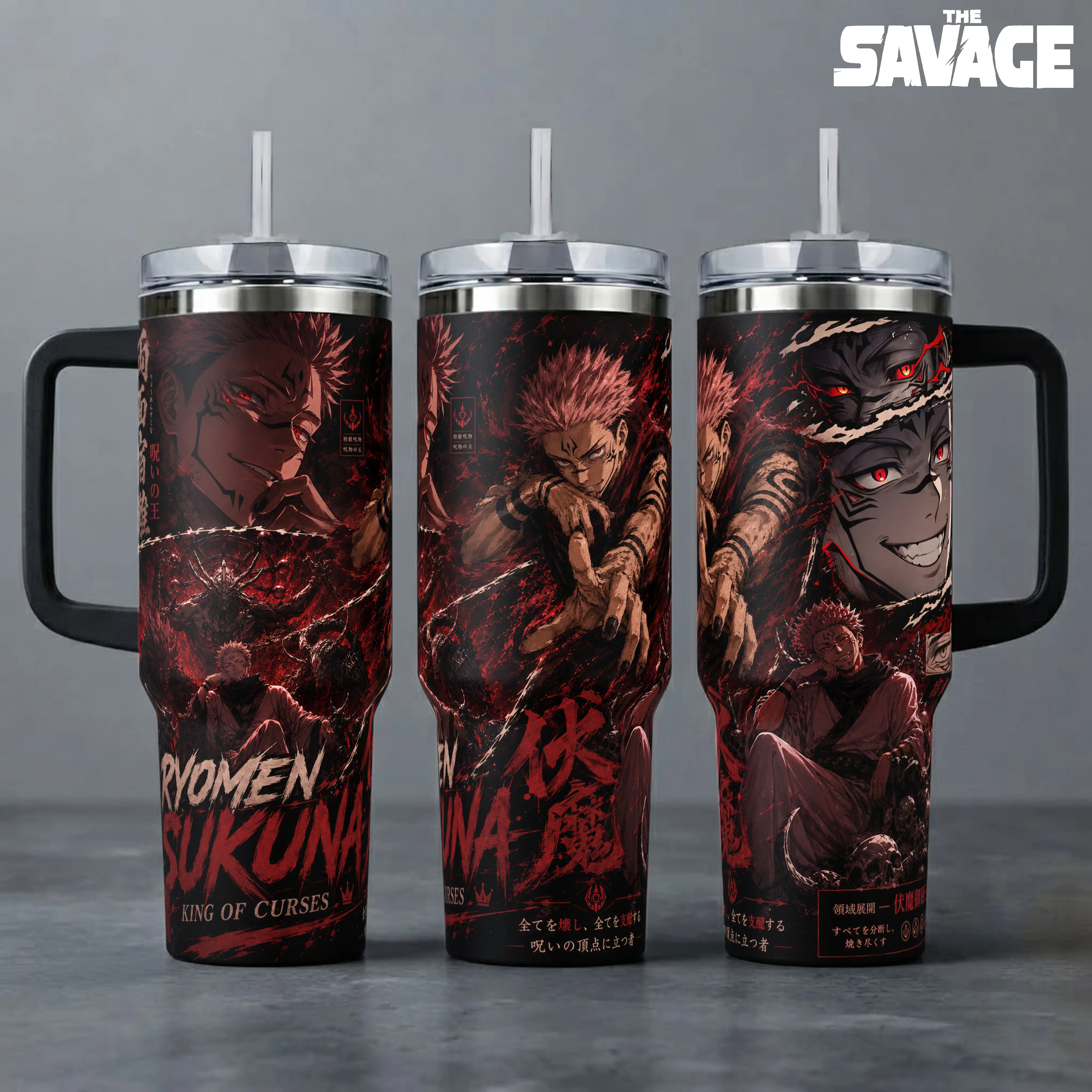Ryomen Sukuna Jujutsu Kaisen Tumbler, 20oz & 40oz Insulated Travel Mug with Handle & Straw, King of Curses Anime Art Cup, Japanese Manga Fan Merchandise
