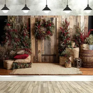 Retro Rustic Christmas Backdrop – Wooden Background, Berry Wreath & Natural Decor, Perfect for Rustic Christmas Gatherings & Relaxed Decor, Brings Earthy Festive Vibe, Ideal Christmas Gifts, 2D Print Backdrop