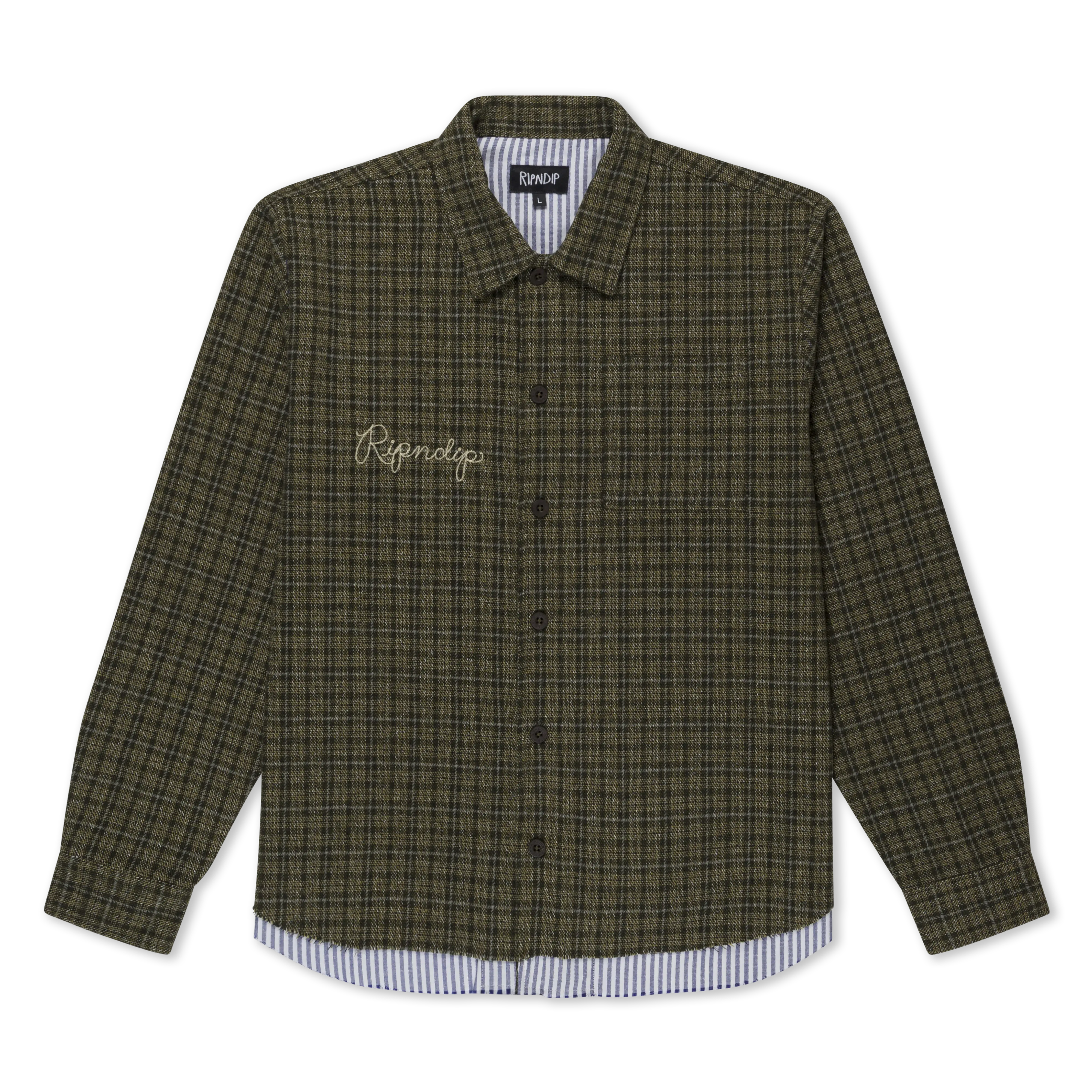 Women's Casual Embroidered Flannel Jacket, Long Sleeve Polyester Wool Button-Up in Olive with a Striped Liner and Raw Hem, Graphic Print