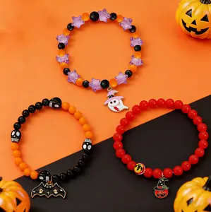 7 Pcs Halloween Beaded Bracelet Set – Natural Resin, Assorted Pumpkin/Ghost/Bat/Skull/Spider/Little Devil Charms, Costume Accessories, Party Decoration & Party Supplies, Trick-or-Treat Gifts, Perfect for Halloween outfit Stackable