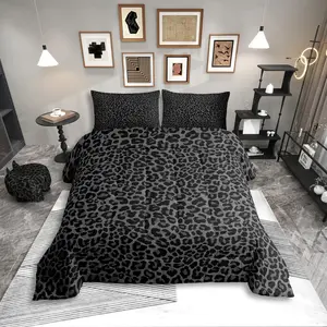 Print King Size Comforter Set for Adult 3 Pieces Leopard Print Bedding Set for All African Animal Wildlife Bed Set for Grils Room Decor,Black Gray