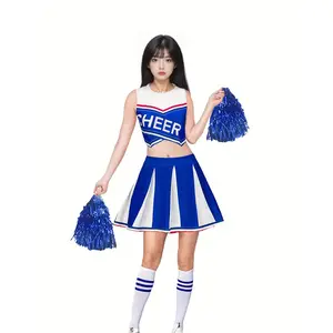 Campus Cheerleading Uniform Set of 4pcs Blue Soprano Costume, Football Party Uniform, Halloween Makeup Ball Costume, Campus S Event Cheering Theme Party Halloween Outfit, Women's Cheerleading Performance Full Set of Costumes