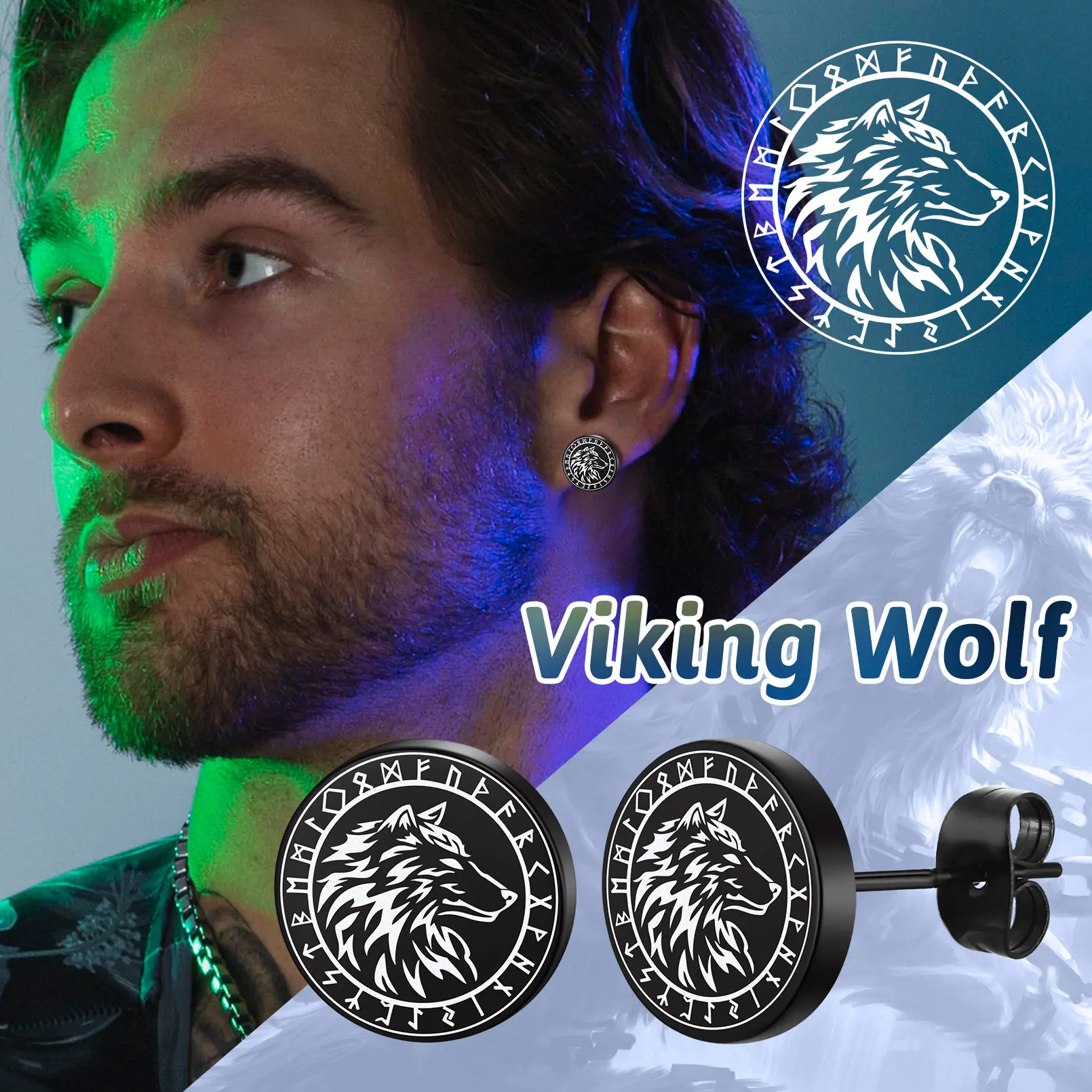 FaithHeart Norse Viking Earrings 2 Pairs Wolf and Valknut Set