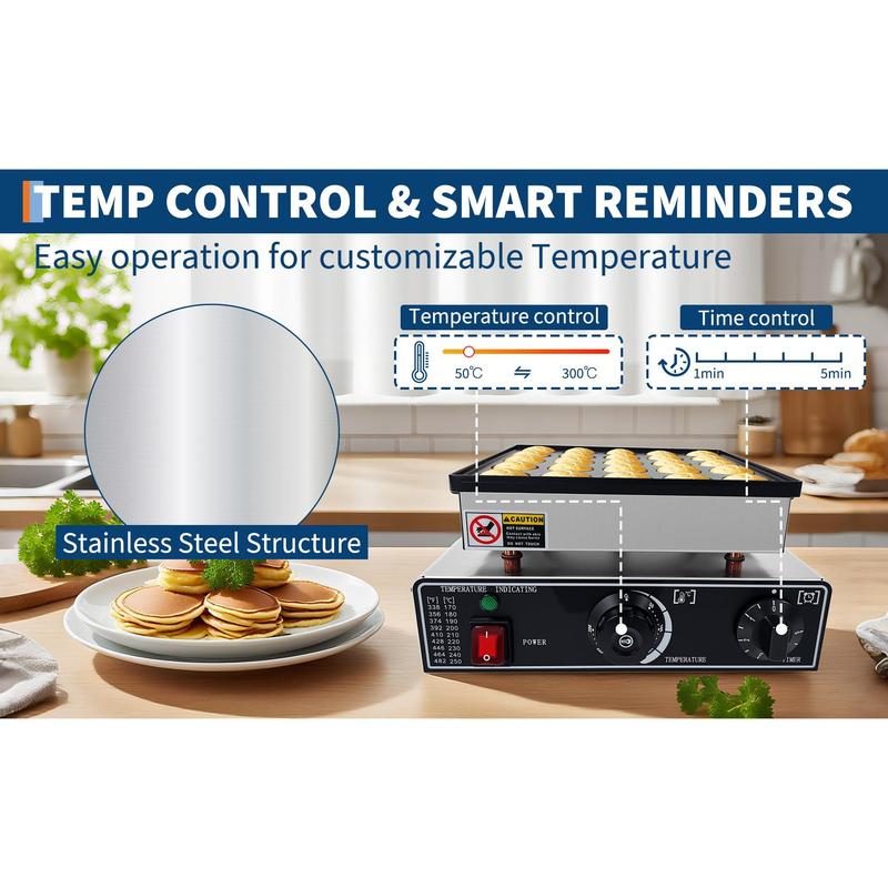 Garvee Mini Dutch Pancake Maker Machine – 900W Nonstick Electric Poffertjes Iron, 25 Cavities (1.57 Inch), Precise Temp Control (122°F-572°F) & Timer, Fast Even Heating for Home, Party, Café