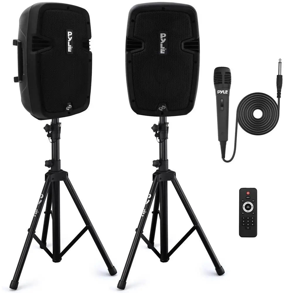 Bluetooth PA Speaker Kit - 700W | Dual 8" Active + Passive Speakers with Stands, Mic & Remote – Portable Wireless Audio System for Events, Karaoke, Party & Public Announcements - Indoor Outdoor Use