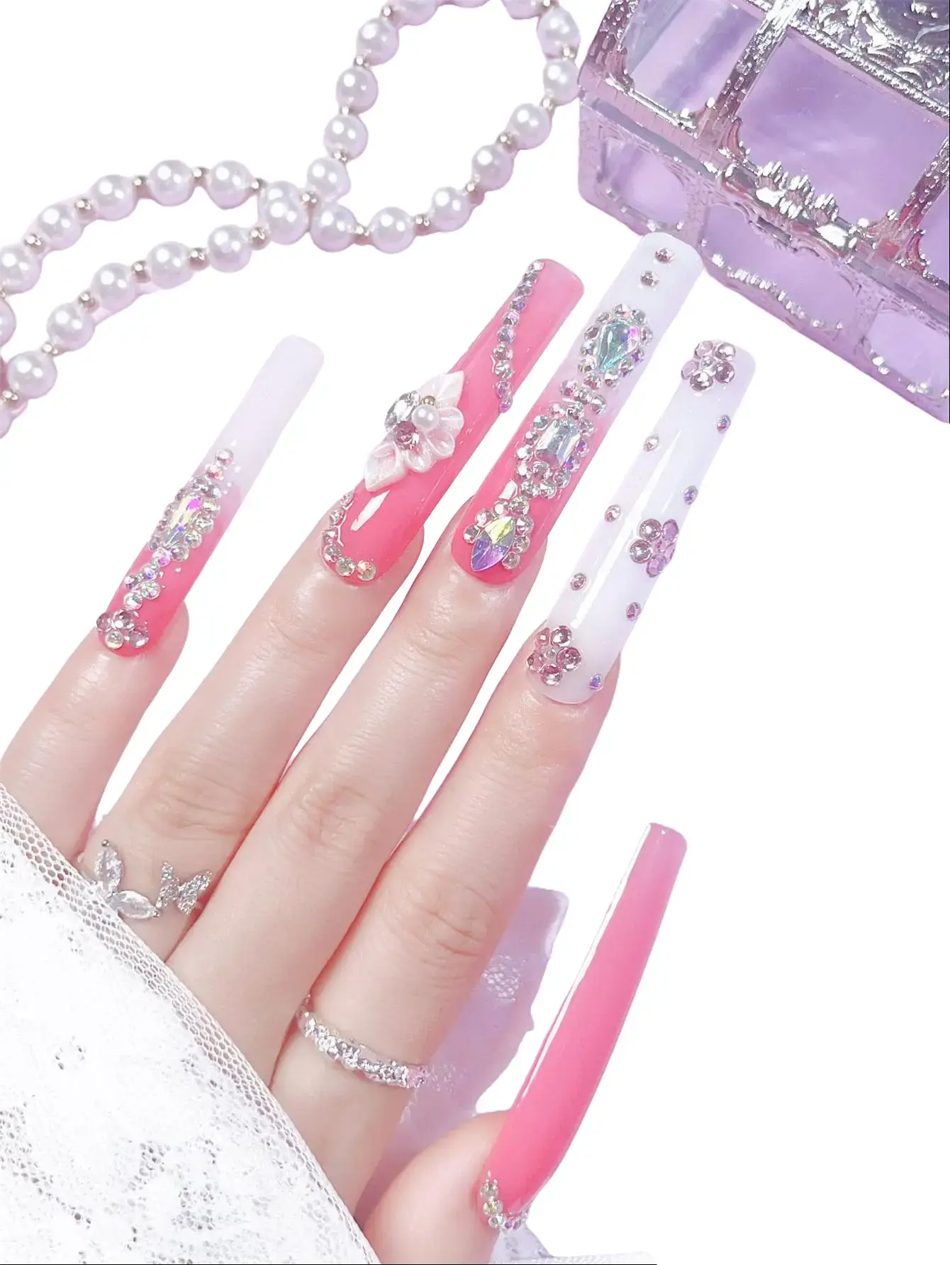 Nailrosy Handmade Press on Nails, 10 Pcs Reusable Pink Ombre Kit with Iridescent Gem Crystals, Medium Glossy Finish for Evening & Beach Party Wear
