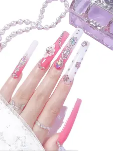 Nailrosy Handmade Press on Nails, 10 Pcs Reusable Pink Ombre Kit with Iridescent Gem Crystals, Medium Glossy Finish for Evening & Beach Party Wear