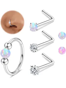4Pcs Nose Ring Hoop Stud Set Hypoallergenic Surgical Steel Opal Spetum Ring Sliver L-Shaped Nose Stud Gold for Women 18G Septum Piercing Jewellery Helix Nostril Conch Hoop Piercing 10MM Nose Ring Jewelry