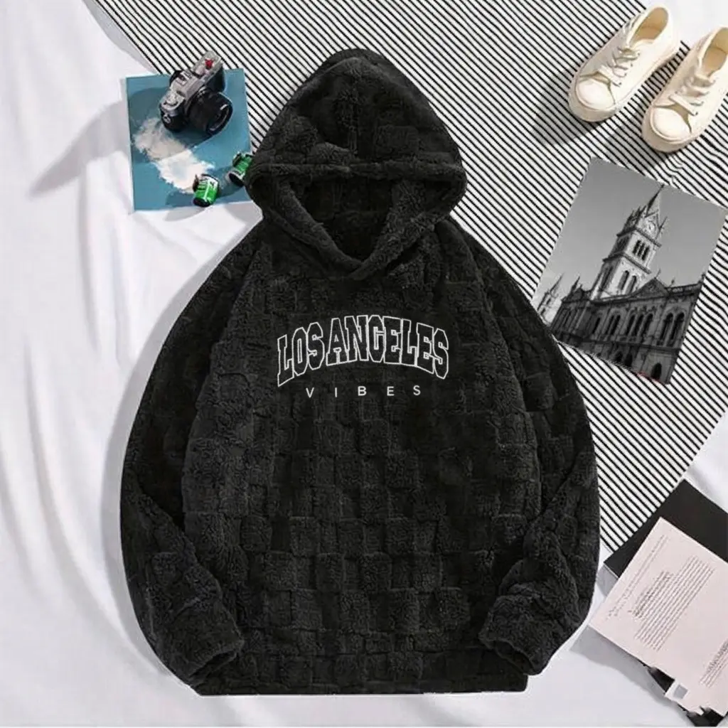 Men’s embroidered hoodie, loose-fit streetwear pullover in grid fleece and soft stretch nylon with a suede texture, menswear, tops, long sleeve, clothing, sweatshirt, fabric, everyday mesh casual unisex, unisex streetwear, embroidery, jumper, ultra soft