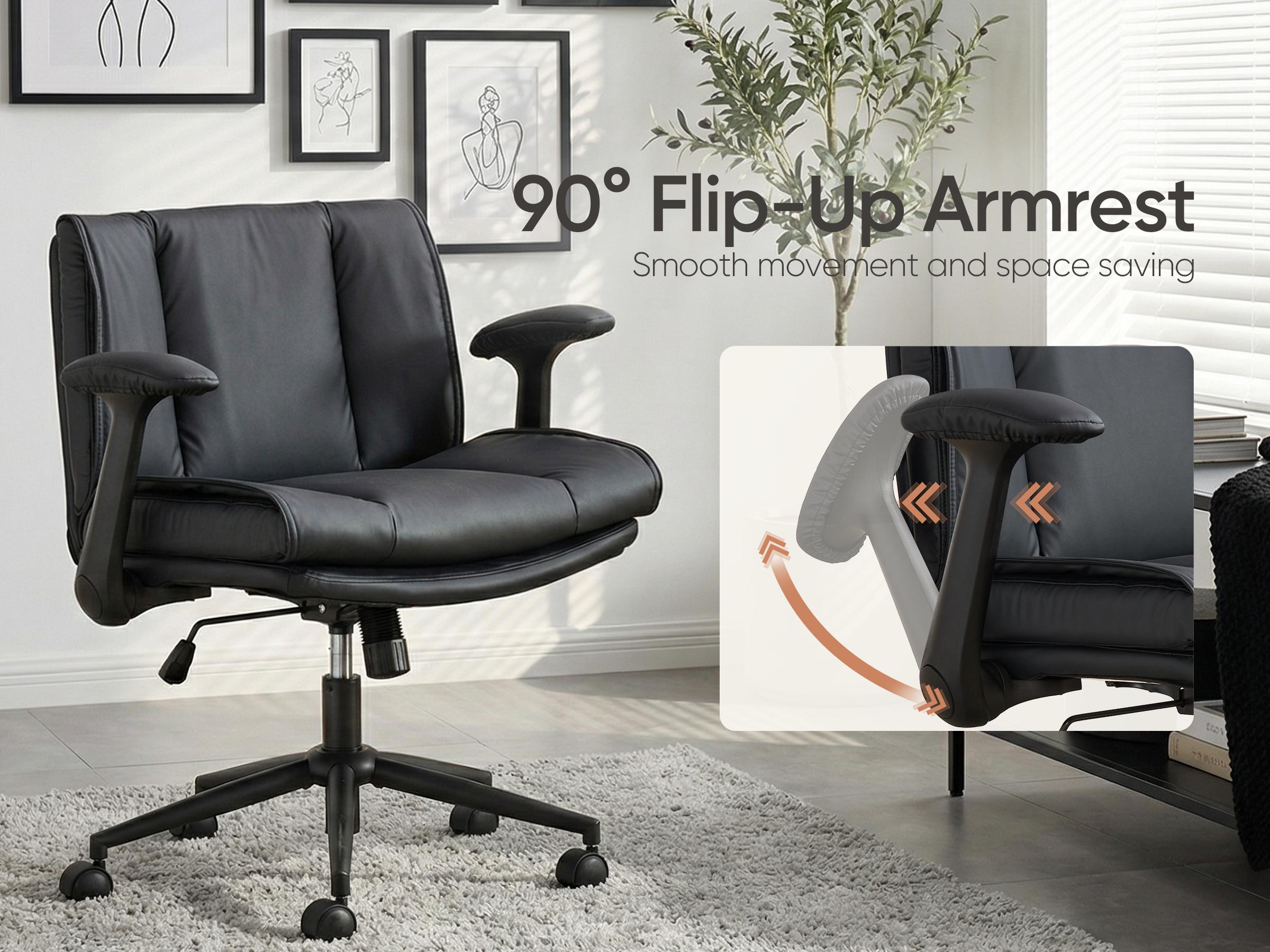 WELAX Criss Cross Office Chair with Flip-Up Armrests, Cross Legged Desk Chair on Wheels, Comfy Ergonomic Swivel Chair with Wide Seat for Home Office, Vanity, Accent, Black Leather