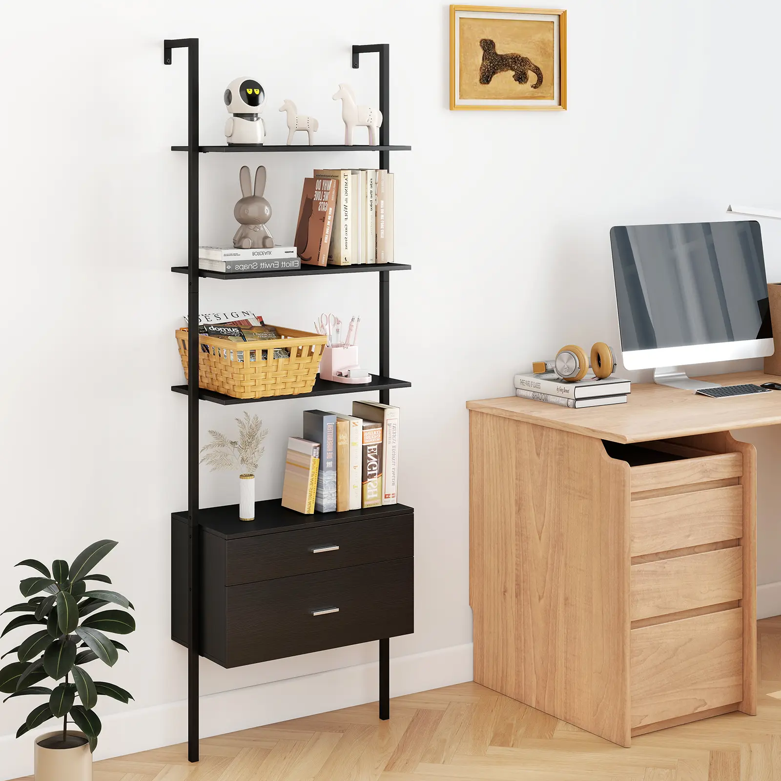 COSTWAY - 6-Tier Ladder Bookcase with 2 Drawers and Metal Frame-Black