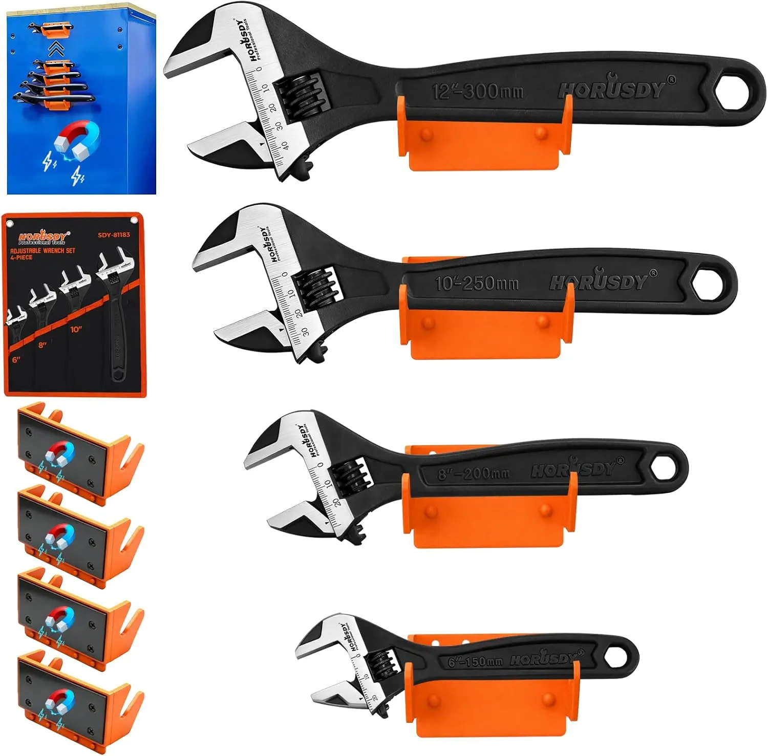 HORUSDY 4-Piece Adjustable Wrench Set, 6", 8" & 10" Wide Jaw Cr-V Steel Wrenches with Magnetic Organizer & Tool Roll