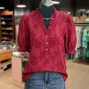 Cherrybetty 100% Cotton Solid Flower Embroidered Ruffle V-Neck Cotton Top Tiktok Shop Spring Glow Up Comfort Elegant Outfits Going Out Tops Outfits For Women
