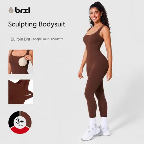 BRXL Women's High Waist Compression Solid Color Jumpsuit - Built-in Bra, Tummy Control, Breathable Mesh Panels, Stylish Activewear for Gym Workout Women, Sporty Comfy Stretchable Shapewear
