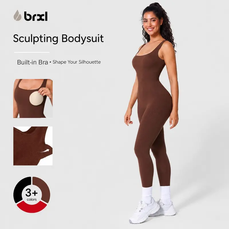 BRXL Women's High Waist Compression Solid Color Jumpsuit - Built-in Bra, Tummy Control, Breathable Mesh Panels, Stylish Activewear for Gym Workout Women, Sporty Comfy Stretchable Shapewear