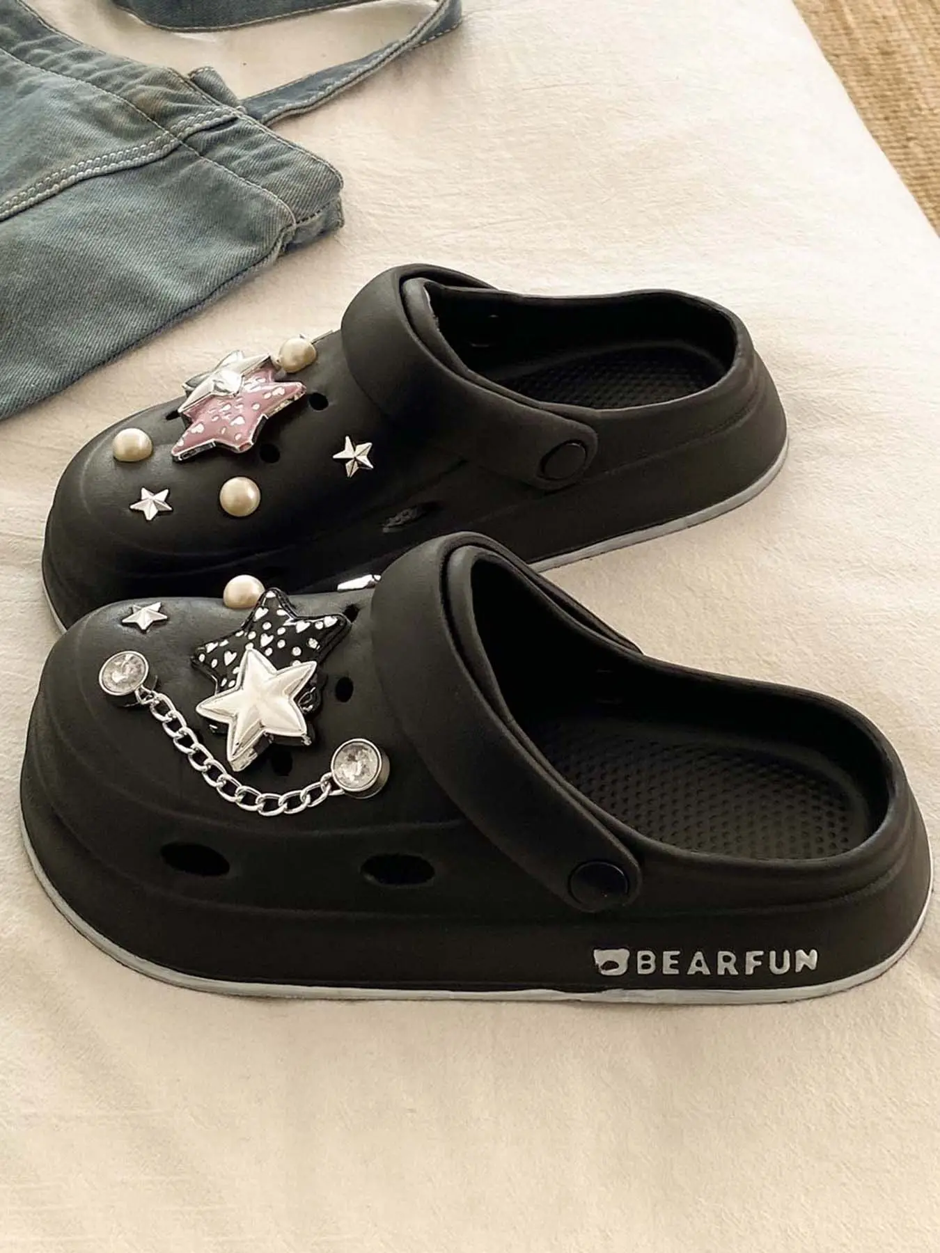 Women's Star Pearl Chain Platform Summer Clogs Slippers - Rhinestone & Pink Star Decor, Thick Soled EVA, Breathable Non-Slip Sandals for Beach & Daily Wear, Thick Soled Slippers