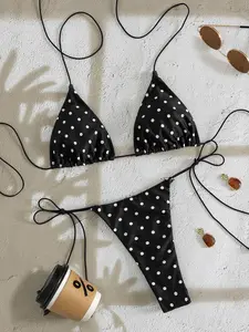 PEPPERMOLLY New Soft Polka Dot Pattern Sleeveless Cross-Strap Bikini Set, Elegant Ladies Summer Beach Fashion Bikini