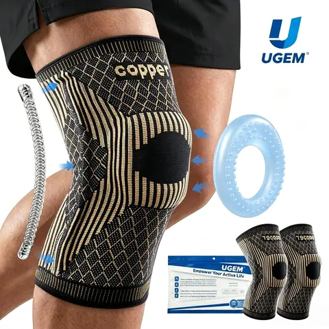 UGEM 2026 New Copper Knee Braces (2 Pack) for Adults, 3D Elastic Knit Breathable Spandex Sleeves with Patella Gel Pad, Side Stabilizers, Knee Band for Active Recovery & Body Support Protective Gear